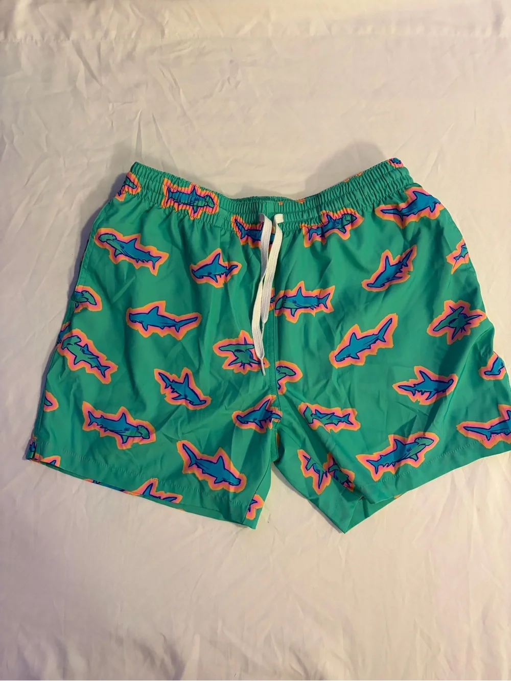 chubbies Teal Swim Trunks with Blue & Pink Shark Motif